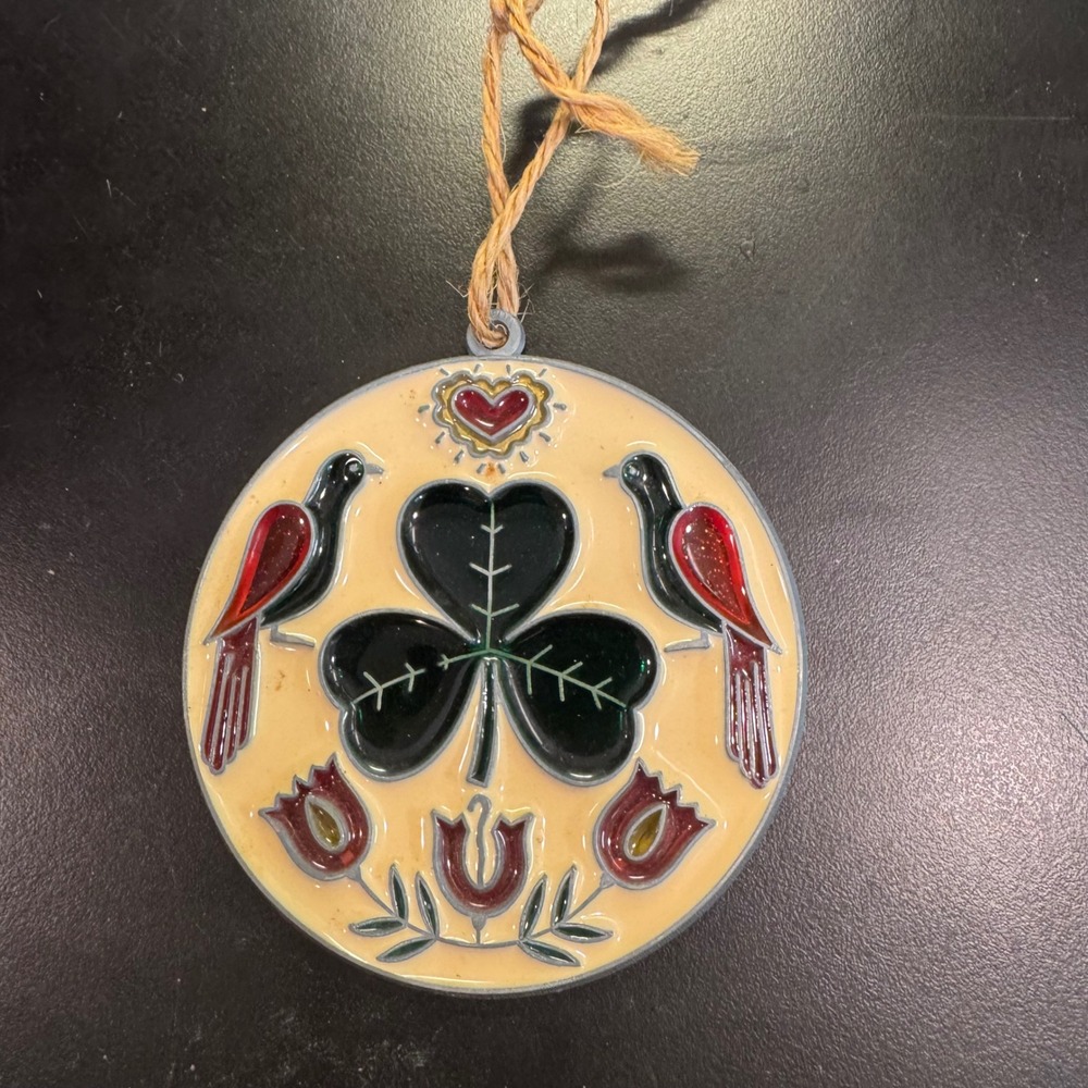 Suncatcher Ornament Small Green Red Shamrock Bird Folk Art Stained Glass Style